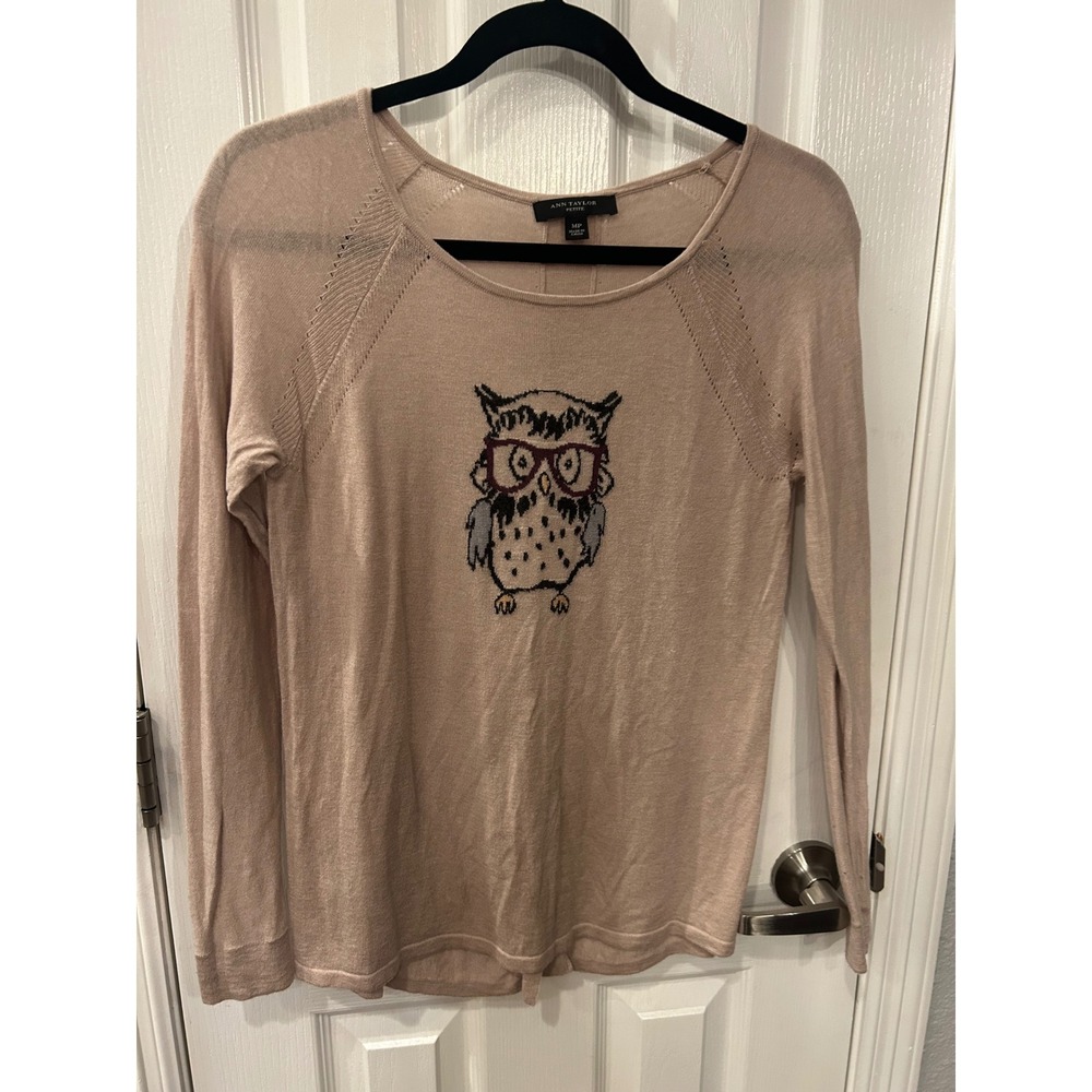 Ann Taylor Sweater Tan Owl Graphic Intarsia Knit‎ Petite MP Wool Blend Pullover